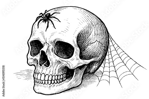Halloween themed human skull with spider and spiderweb in vintage engraving style