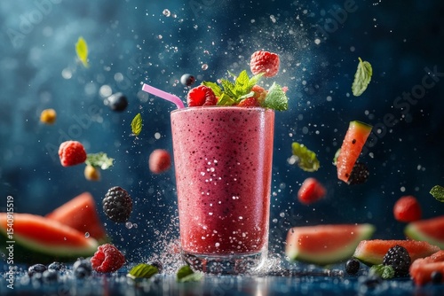 Refreshing Berry Smoothie With Watermelon and Mint Garnished on a Blue Backgr...