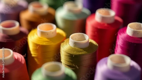 Multiple vibrant sewing thread spools in varied colors, close-up photography style, on a soft-focus background, representing textile creativity