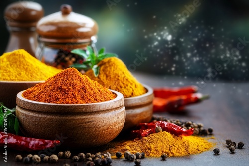 Brightly Colored Spices in Wooden Bowls on a Wooden Table With Scattered Dried Peppers and Herbs
