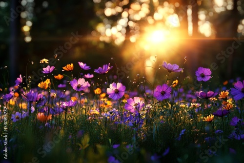 Vibrant Wildflowers Bloom in a Sunlit Meadow During Golden Hour.