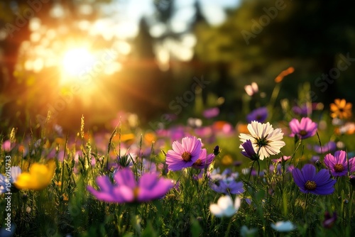 Vibrant Wildflowers Bloom in a Sunlit Meadow During Golden Hour