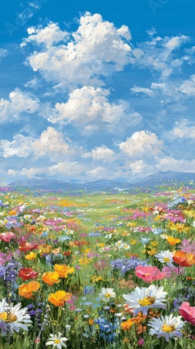Vibrant Wildflower Meadow Under a Clear Blue Sky With Fluffy Clouds on a Sunn...