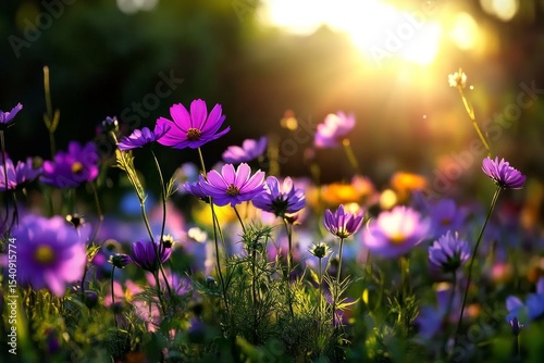 Vibrant Wildflowers Bloom in Sunlit Meadow During Golden Hour.