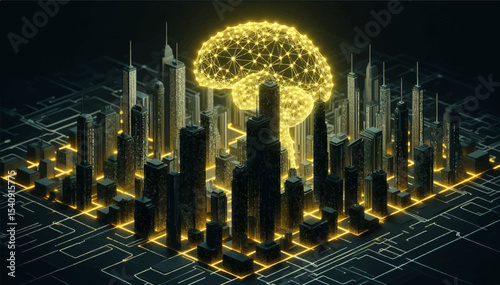 A futuristic high-tech city with skyscrapers inside which emanates a yellow glow from a digital artificial brain-a computer that controls the city. Vector graphics. EPS.