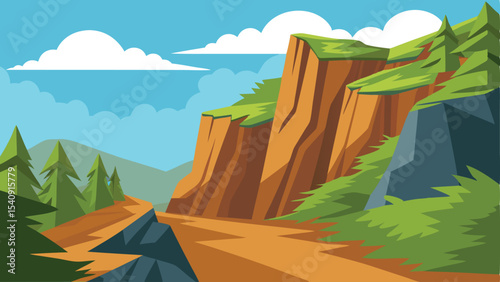 Scenic mountain landscape illustration featuring trees and clear skies with clouds