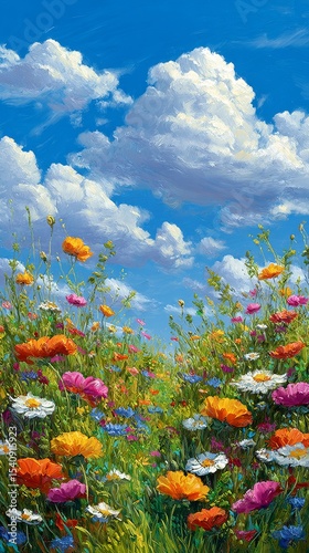 Colorful Wildflower Field Under a Bright Blue Sky With Fluffy Clouds in Sprin...