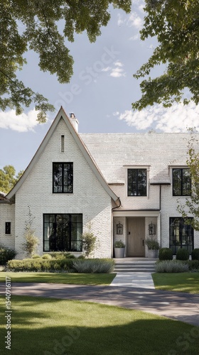 Beautiful Modern Home With Large Windows and Lush Landscaping in Afternoon Su...