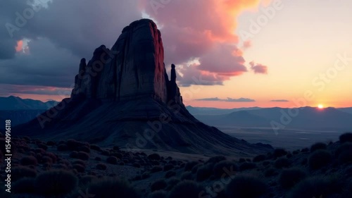 Towering desert mountain at sunset with glowing sky, dramatic lighting, dry vegetation in warm tones, concept of wilderness serenity