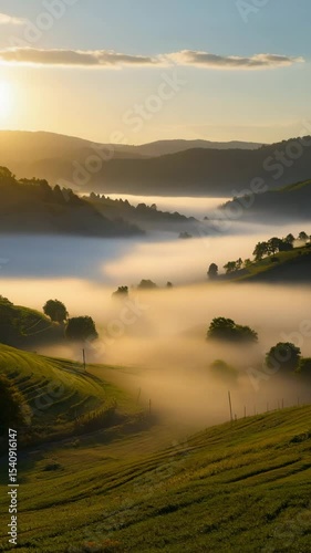 Rolling mist over golden hills at dawn, warm lighting and slow motion loop
