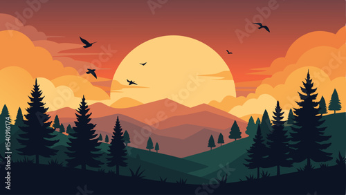 Scenic sunset landscape featuring mountains trees and flying birds vector illustration