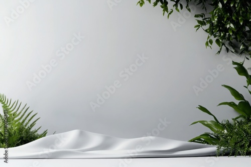 Soft Fabric Drapes Over Surface Surrounded by Lush Green Foliage in a Minimal...