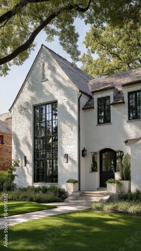 Charming White Brick House With Large Windows and Green Front Yard at Sunset.