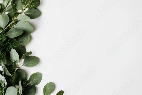 Lush Green Eucalyptus Leaves Arranged Artistically on a Clean White Backgroun...