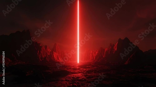 Bright red energy beam illuminates a dark rocky alien terrain, surreal sci-fi style, with glowing light against black and red sky, concept of unknown power