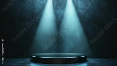 Empty round podium lit by two spotlights, realistic style, dark textured background, concept of presentation or performance display