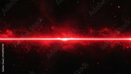 Intense red laser beam emits light through dark space filled with glowing red particles, symbolizing energy, power, and futuristic technology