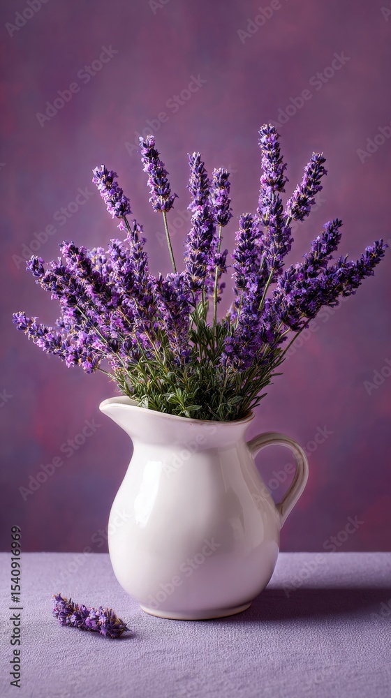 Fototapeta premium Lavender Plant in White Pot Against Purple Wall Displaying Vibrant Blooms.