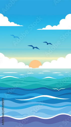 Serene coastal landscape illustration depicting ocean waves seagulls and a golden sunset