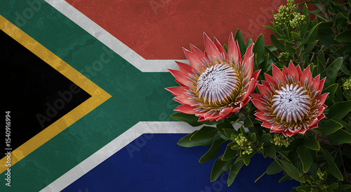 South Africa: National Flower Protea blossoms against the backdrop of the South African Flag, symbolizing heritage.