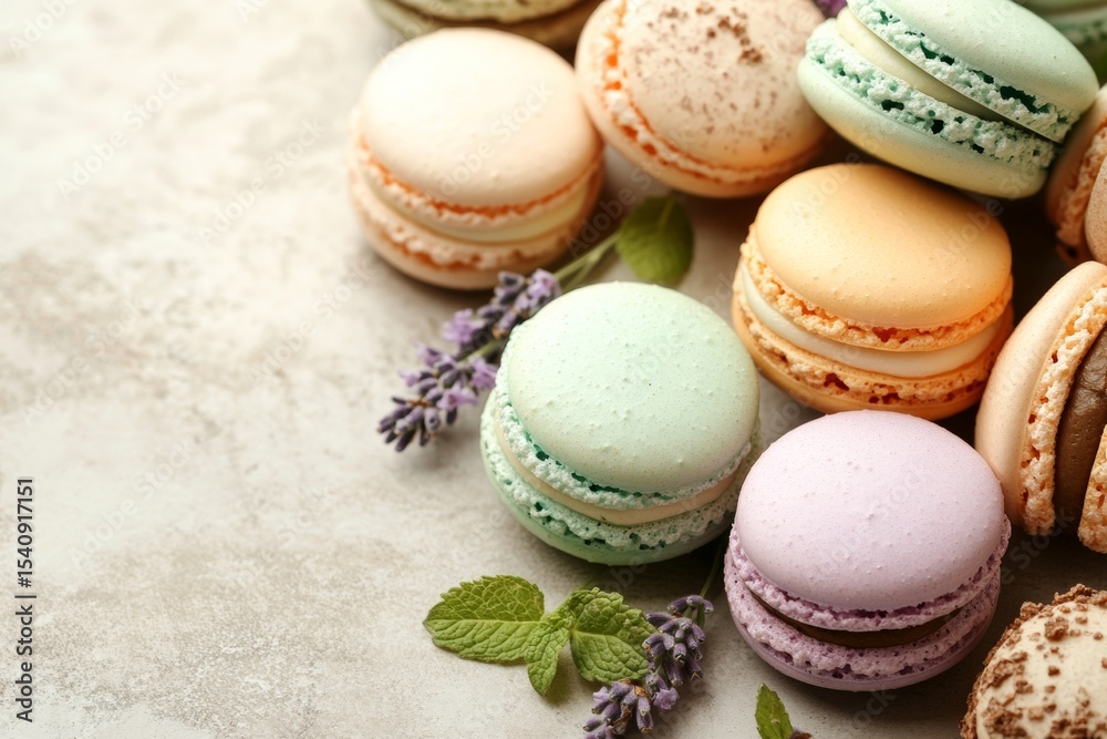 Fototapeta premium Assortment of Colorful Macarons with Lavender Sprigs and Mint Leaves on a Textured Surface