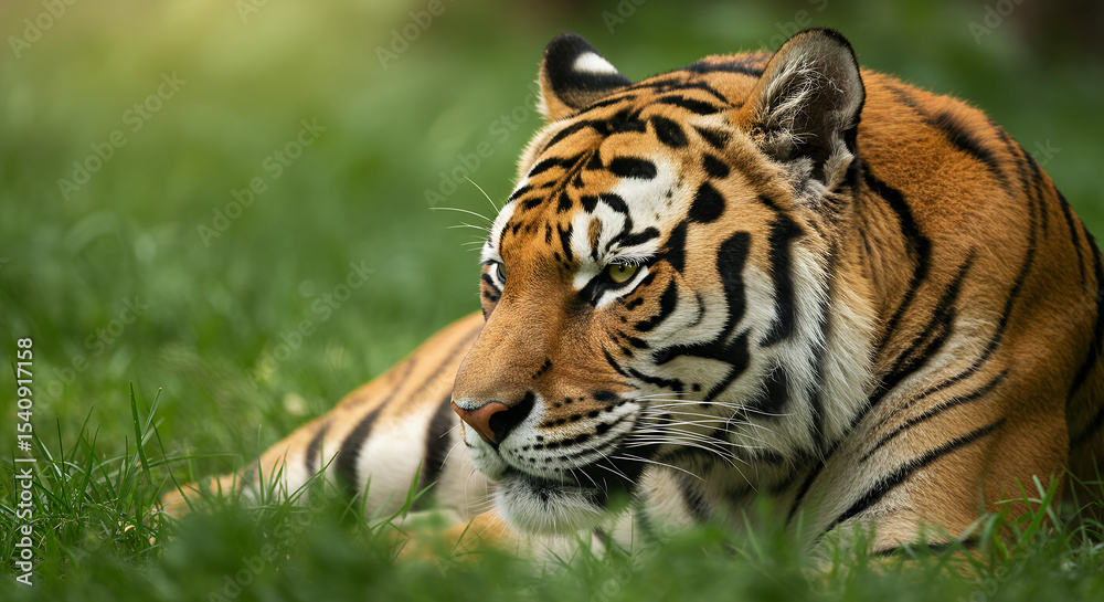 Obraz premium Resting Tiger Portrait in Green Grass, wildlife animal, Bengal, nature close-up