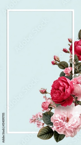 Floral Arrangement With Pink and Red Roses on a Blue Background for Modern De...