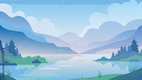Serene lakeside landscape illustration displaying mountains and tranquil water with reflections
