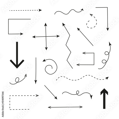 Vector Set of Hand-Drawn Arrows Including Straight, Curved, and Dashed Styles