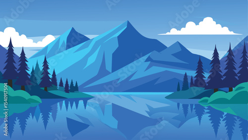Serene mountain landscape with reflections in a tranquil lake blue flat design