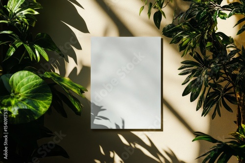Sunlight Casts Shadows on a Blank Canvas Surrounded by Lush Green Plants Indoors