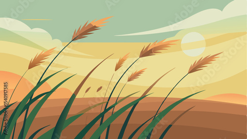 Serene sunset landscape featuring reeds blowing in the wind with gentle colors