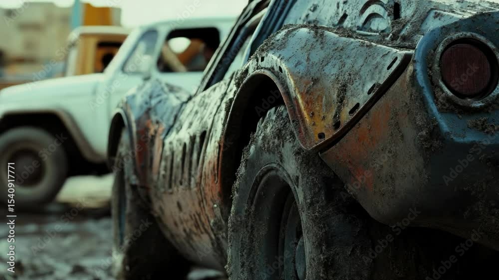Rural landscape with a vintage vehicle stuck in mud, potential for a scenic backdrop or storytelling.