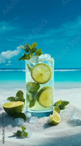 Refreshing Mojito Cocktail With Lime and Mint on a Sunny Beach.