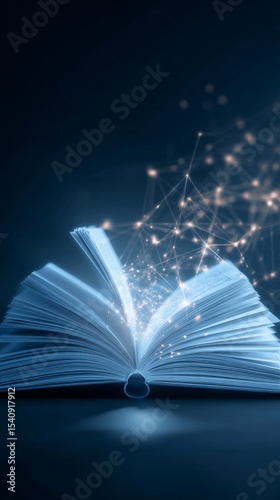 Mystical Book Generating Light and Connections in a Dark Background