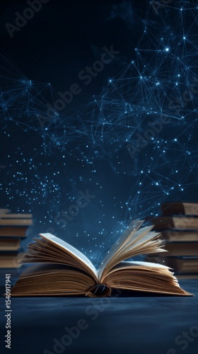 Mystical Book Generating Light and Connections in a Dark Background.