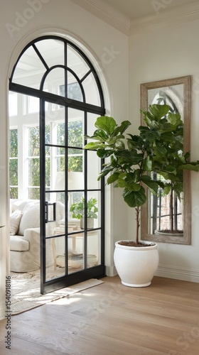 Stylish Interior Showcasing a Glass Door and Potted Plant in a Bright Living ...