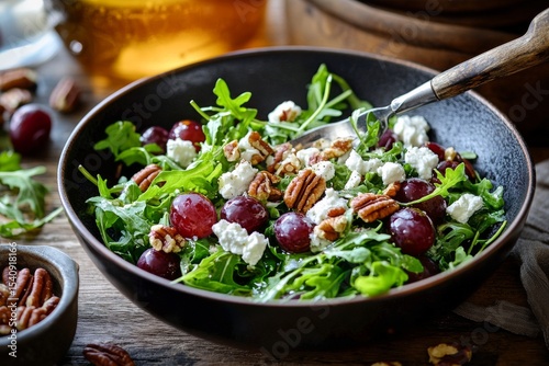 Fresh Arugula Salad With Grapes and Pecans in a Wooden Bowl on a Rustic Table