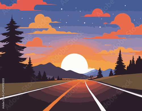 Sunset Road Trip Vector Scene