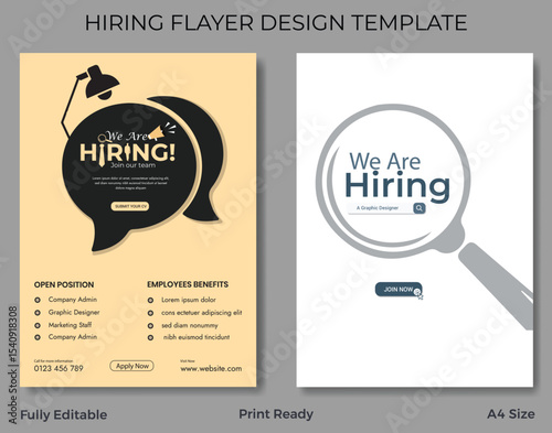 hiring, recruitment, job, employment, advertisement, flyer, template, design, graphic, open position, company admin, marketing staff, graphic designer, benefits, layout, modern, professional, business