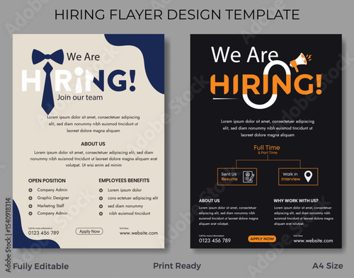 hiring, recruitment, flyer, template, design, job, employment, career, open positions, available, apply now, full time, part time, company, marketing, graphic designer, admin, benefits, about us, cont