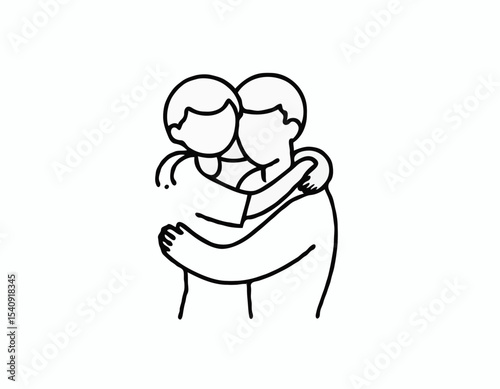 Thin outline icon man hugs another person. Line sign caregiver, hug friendship, care, empathy and compassion. Vector isolated pictogram on white background.
