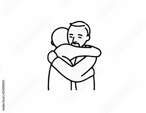 Thin outline icon man hugs another person. Line sign caregiver, hug friendship, care, empathy and compassion. Vector isolated pictogram on white background.