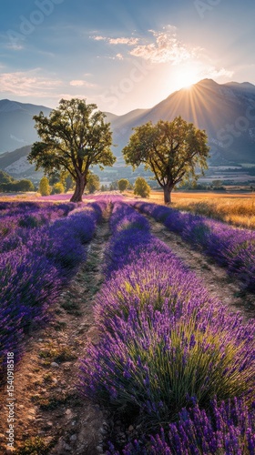 Lavender Field Pathway With Mountains in the Background During Golden Hour.