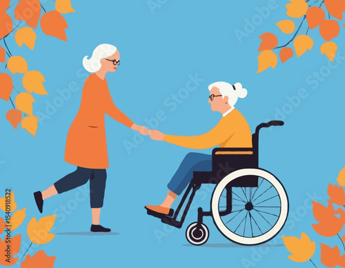 Elderly man in a wheelchair being pushed by a young woman, flat style, abstract blue background with leaves, concept of caregiving and support. Vector .