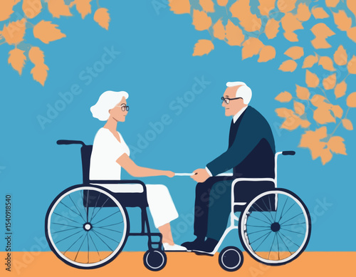 Elderly man in a wheelchair being pushed by a young woman, flat style, abstract blue background with leaves, concept of caregiving and support. Vector .