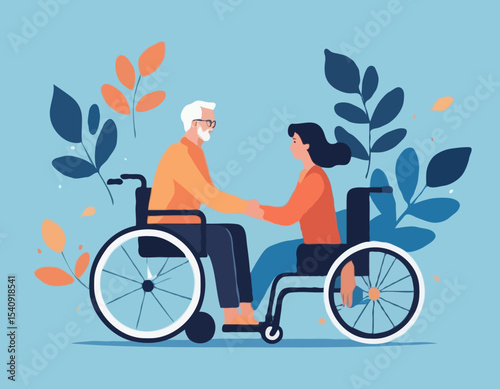 Elderly man in a wheelchair being pushed by a young woman, flat style, abstract blue background with leaves, concept of caregiving and support. Vector .