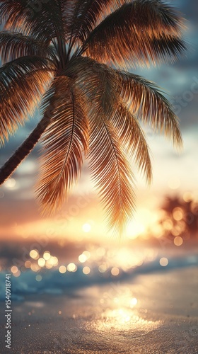 Sunset Over Beach With Palm Trees and Ocean Waves in Tropical Paradise