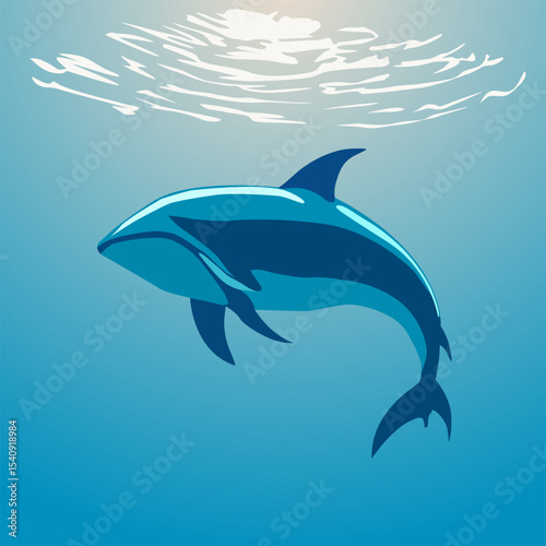Colored Illustration of a dolphin on a blue background. Vector illustration for decorating your designs in the style of fabulous power and beauty of nature