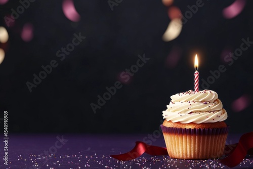 Celebration Cupcake With Candle Lit on a Dark Background Surrounded by Confetti
